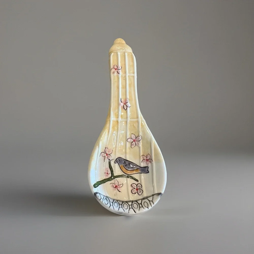 Ganz Ceramic Spoon Rest Bird on Branch Pink Cherry Blossoms Hand Painted ER44522